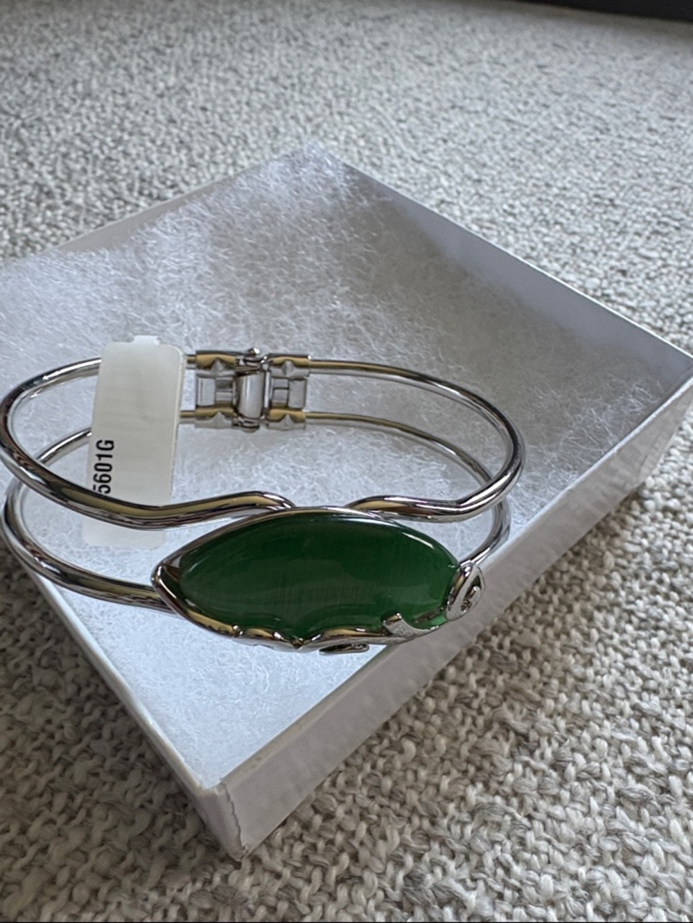 Silver-Tone Bangle Bracelet with Green Stone Accent